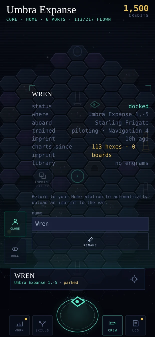 A clone's dossier: Wren, docked, aboard a Starling Frigate, last imprint seven hours ago, carrying 113 hexes of charts made since that imprint, with an IMPRINT action priced at 25 credits.