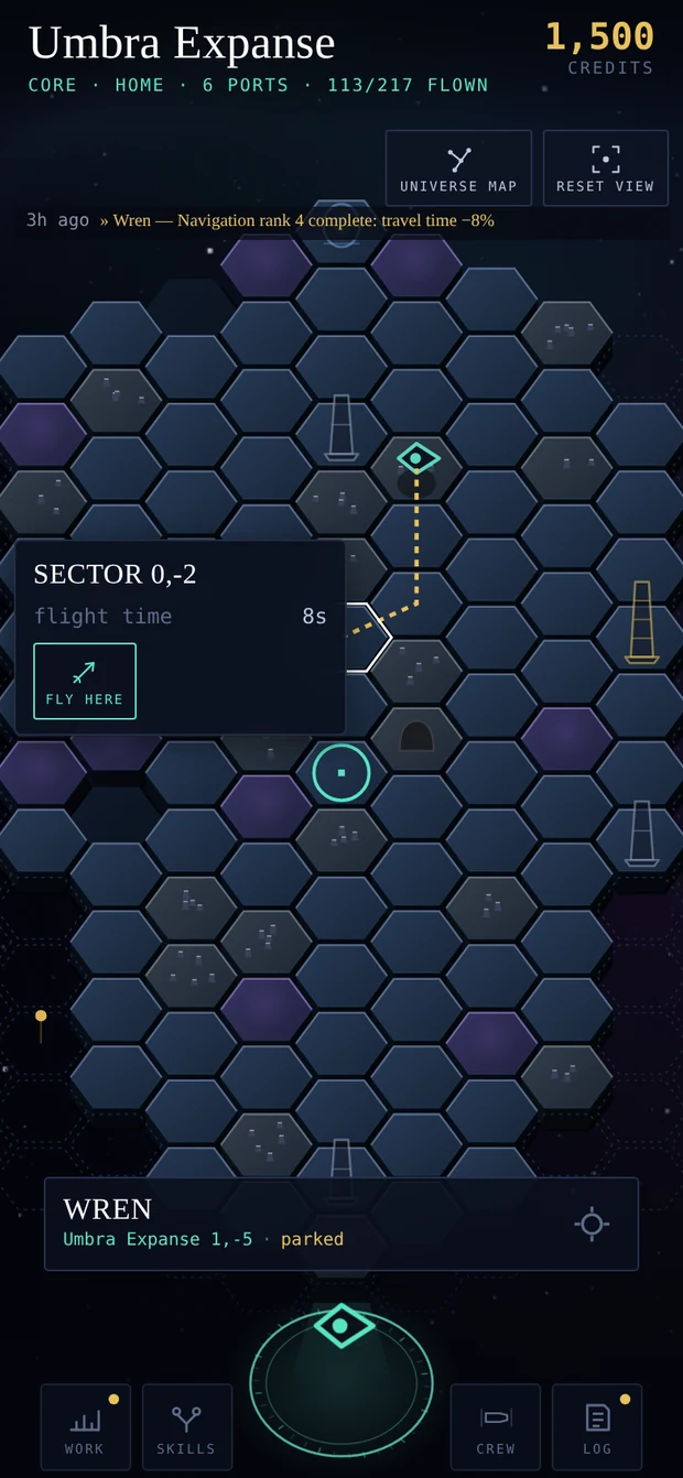 A system chart of hexagonal tiles with station towers, a plotted dashed route from the player's ship, and a tapped hex answering: sector 0,-2, flight time 8 seconds, and a FLY HERE action.