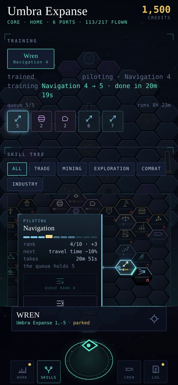 The skill lattice: dozens of hexagonal skill nodes grouped into coloured career provinces, above a training line reading Brandt Hulls 0 to 1, done in 12 seconds, with a five-deep queue running 7 minutes 32 seconds.